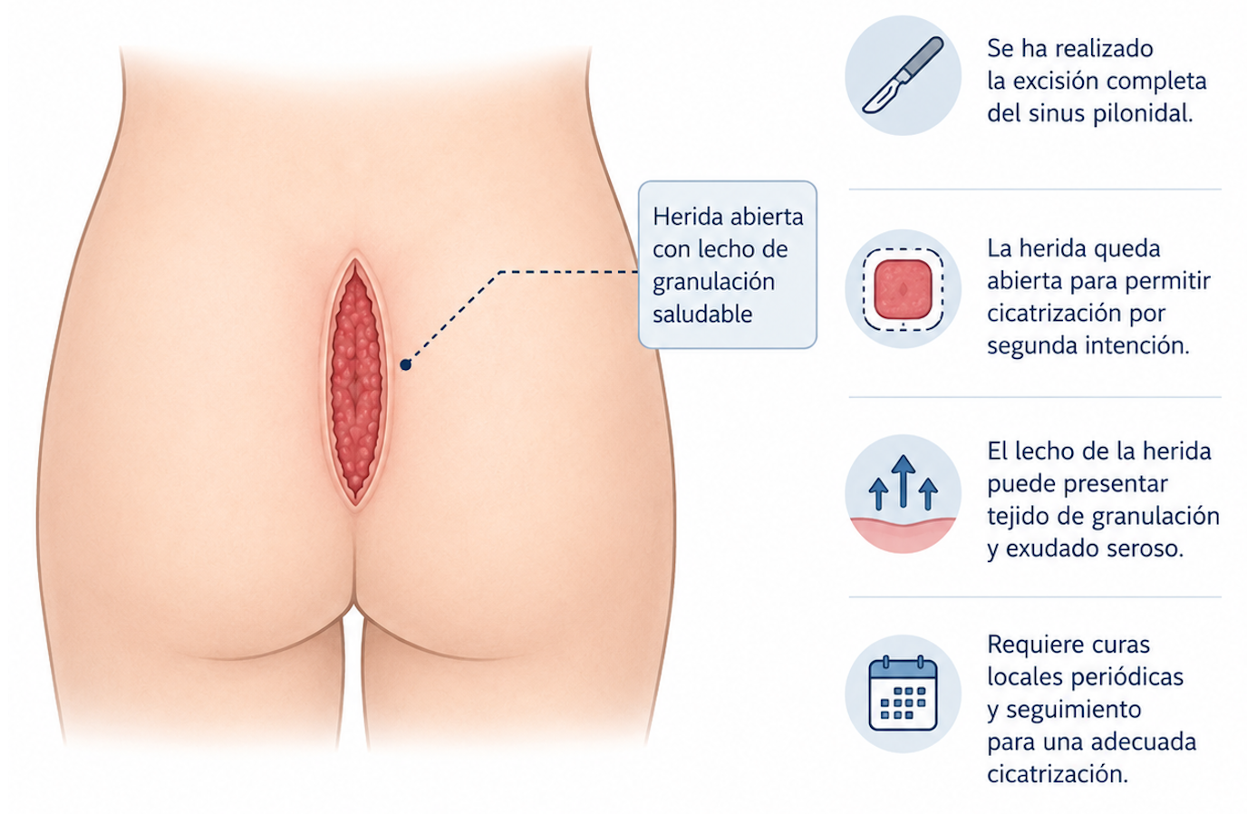 Ilustración cirugía abierta sinus pilonidal