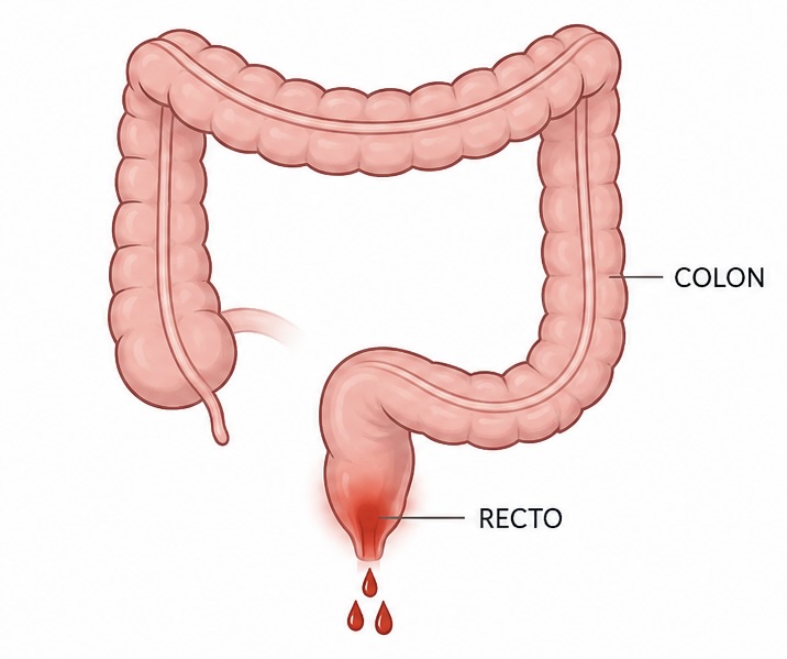 Illustration of rectal bleeding: colon and rectum