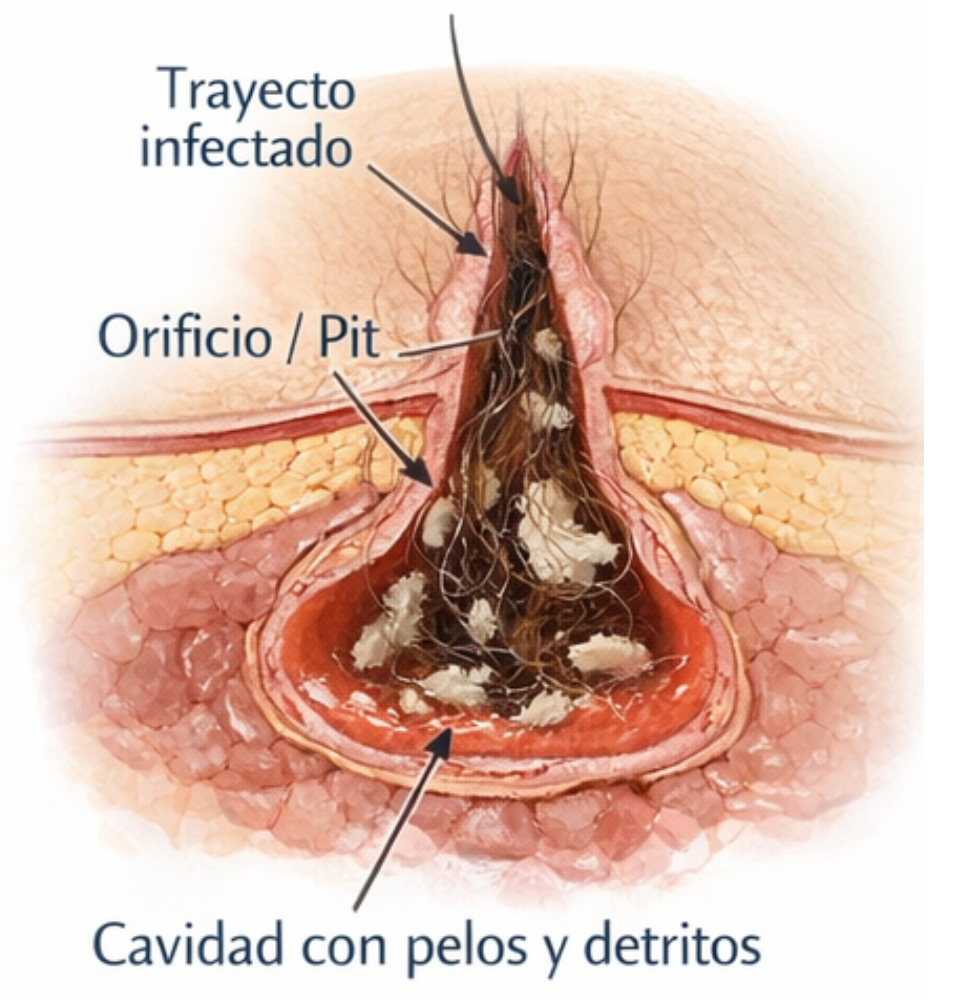 Ilustración anatómica del sinus pilonidal — trayecto infectado, orificio pit y cavidad con pelos